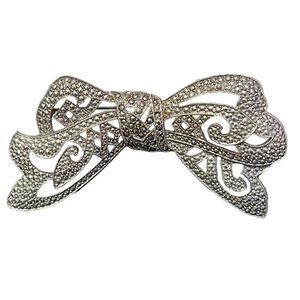 Stunning Silver Tone Large Marcasite Bow Brooch